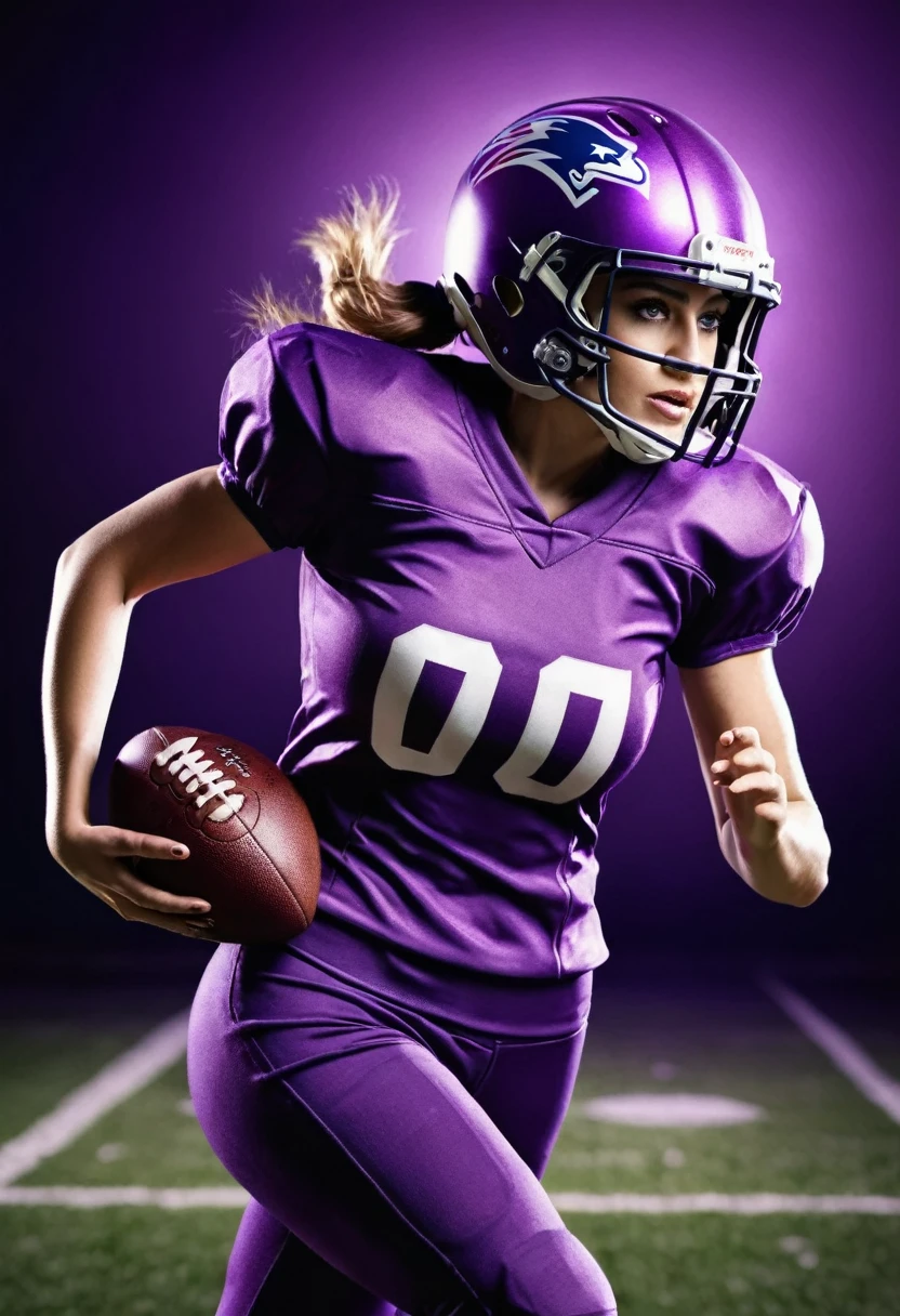 American football player woman, with purple uniform and helmet, holding the American football ball, running, photographic realism, cinema lighting.