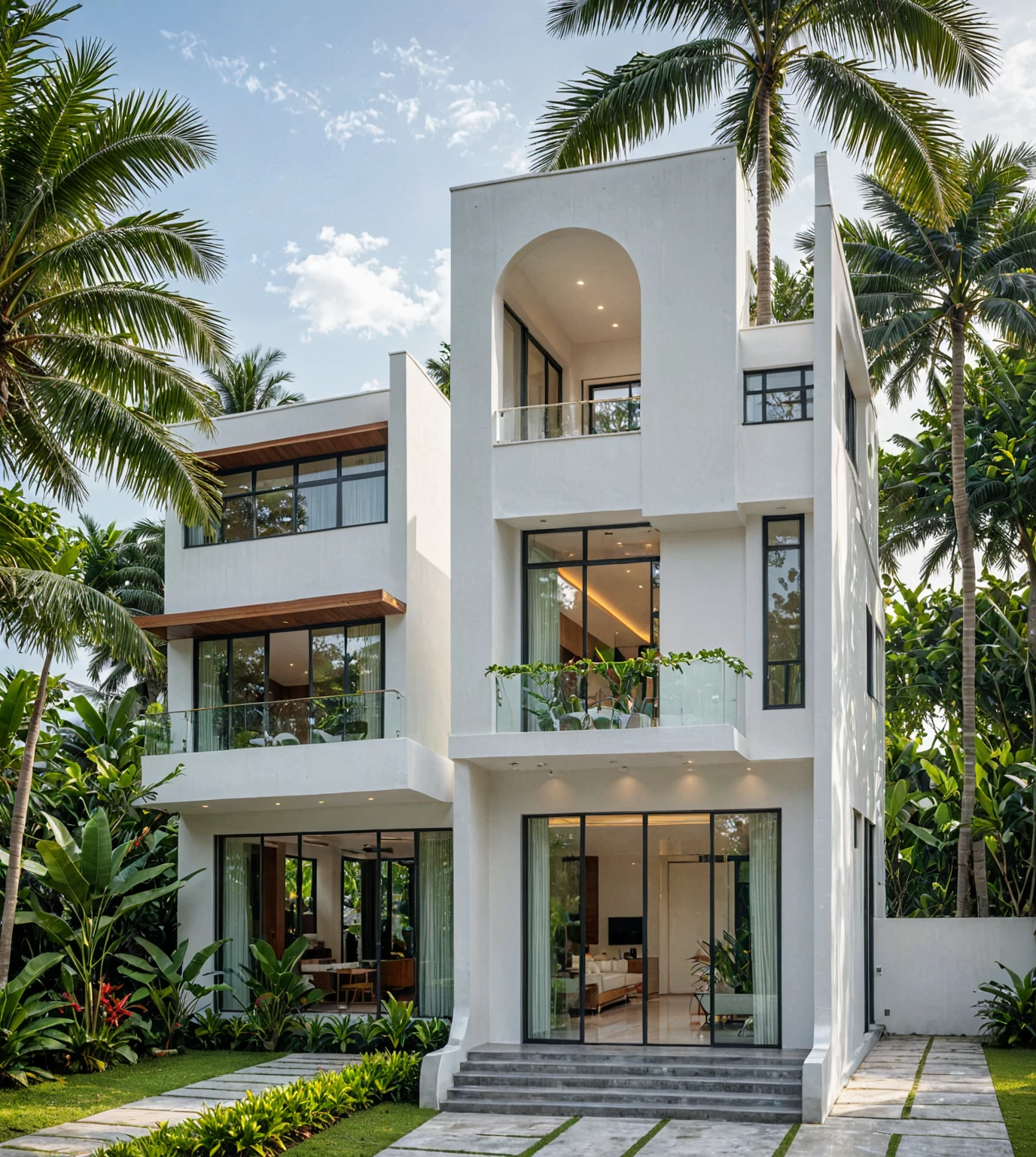 RAW photo,Masterpiece, high quality, best quality, authentic, super detail,
modern house, exterior, modern house with white wall and windows, daylight, tropical trees, tropical garden, the street on Viet Nam, archdaily architecture, 
(high detailed :1.2), 8k uhd, dslr, soft lighting, high quality, film grain, Fujifilm XT3 