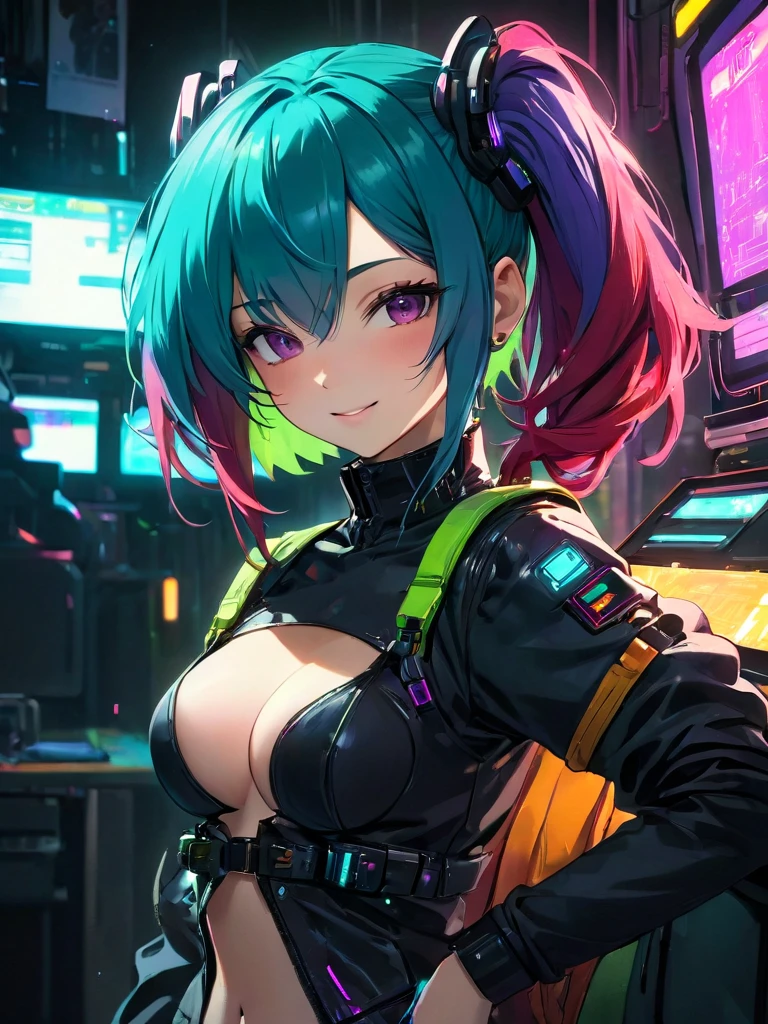 (((???? female Cyberpunk))), ????, Best image quality, darkened Cyberpunk bedroom, (((beautiful girl in ???? pose))), ((smiling expression)), ((extremely beautiful detailed face)), ((sweet cute face)), ((((sweet young face)))),  ((shapeless multicolor hairstyle)), blue hair, red hair, green hair, purple hair, ((cowboy shot)), cyberpunk gothic fantasy, ((Award-winning Polaroid photography)), (Hyper-detailing), (Complicated details), (High resolution Manga artwork 8k), cyberpunk style, depth of field,((create depth with atmospheric lighting)), ((use atmospheric and volumetric lighting, cinematic lighting)), Dark chiaroscuro background.

