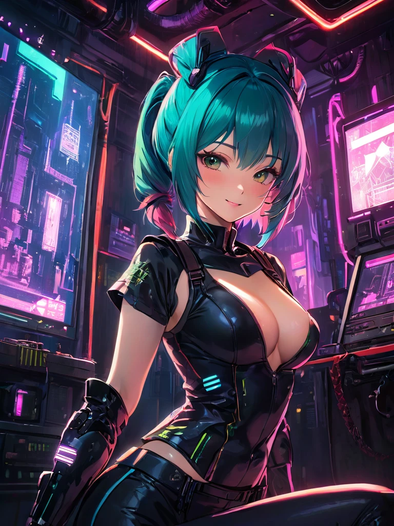 ((( female Cyberpunk))), , Best image quality, darkened Cyberpunk bedroom, (((beautiful girl in  pose))), ((smiling expression)), ((extremely beautiful detailed face)), ((sweet cute face)), ((((sweet young face)))),  ((shapeless multicolor hairstyle)), blue hair, red hair, green hair, purple hair, ((cowboy shot)), cyberpunk gothic fantasy, ((Award-winning Polaroid photography)), (Hyper-detailing), (Complicated details), (High resolution Manga artwork 8k), cyberpunk style, depth of field,((create depth with atmospheric lighting)), ((use atmospheric and volumetric lighting, cinematic lighting)), Dark chiaroscuro background.
