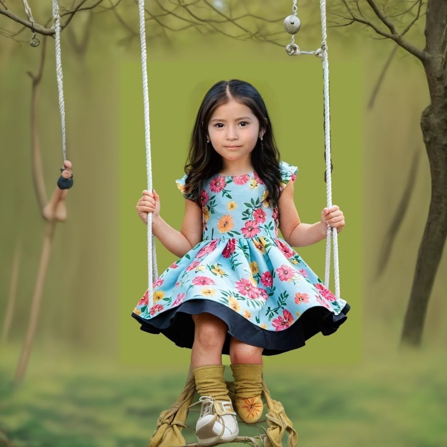 girl, on a swing, surrounded by bright magical forest