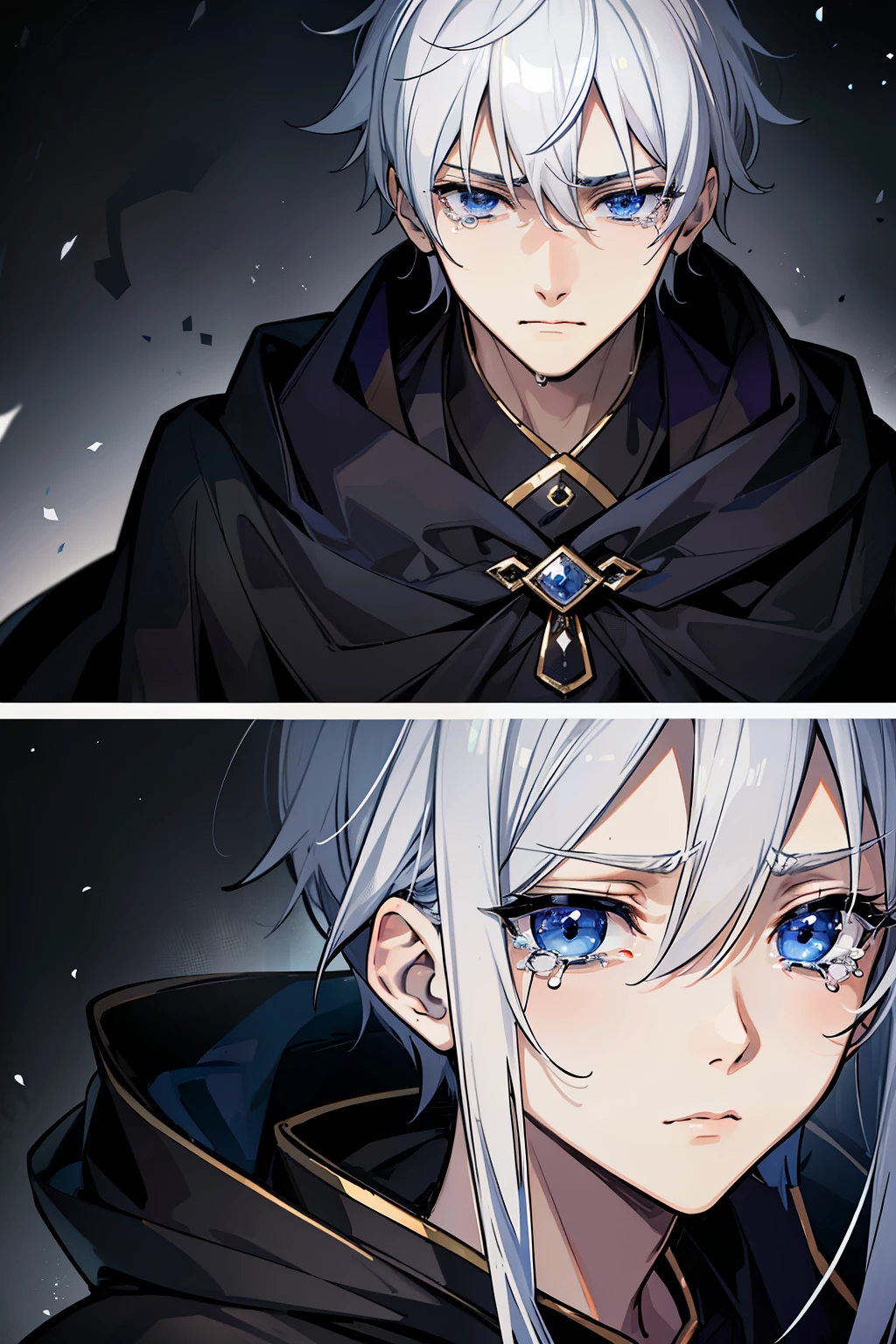 (high quality, Breathtakingly beautiful),(Expressive eyes, Perfect Face)1 Male、Silver Hair、Age 25、Adult、 Dark blue eyes, Black Robe, White shirt、A worried face、melancholy、sad、tears