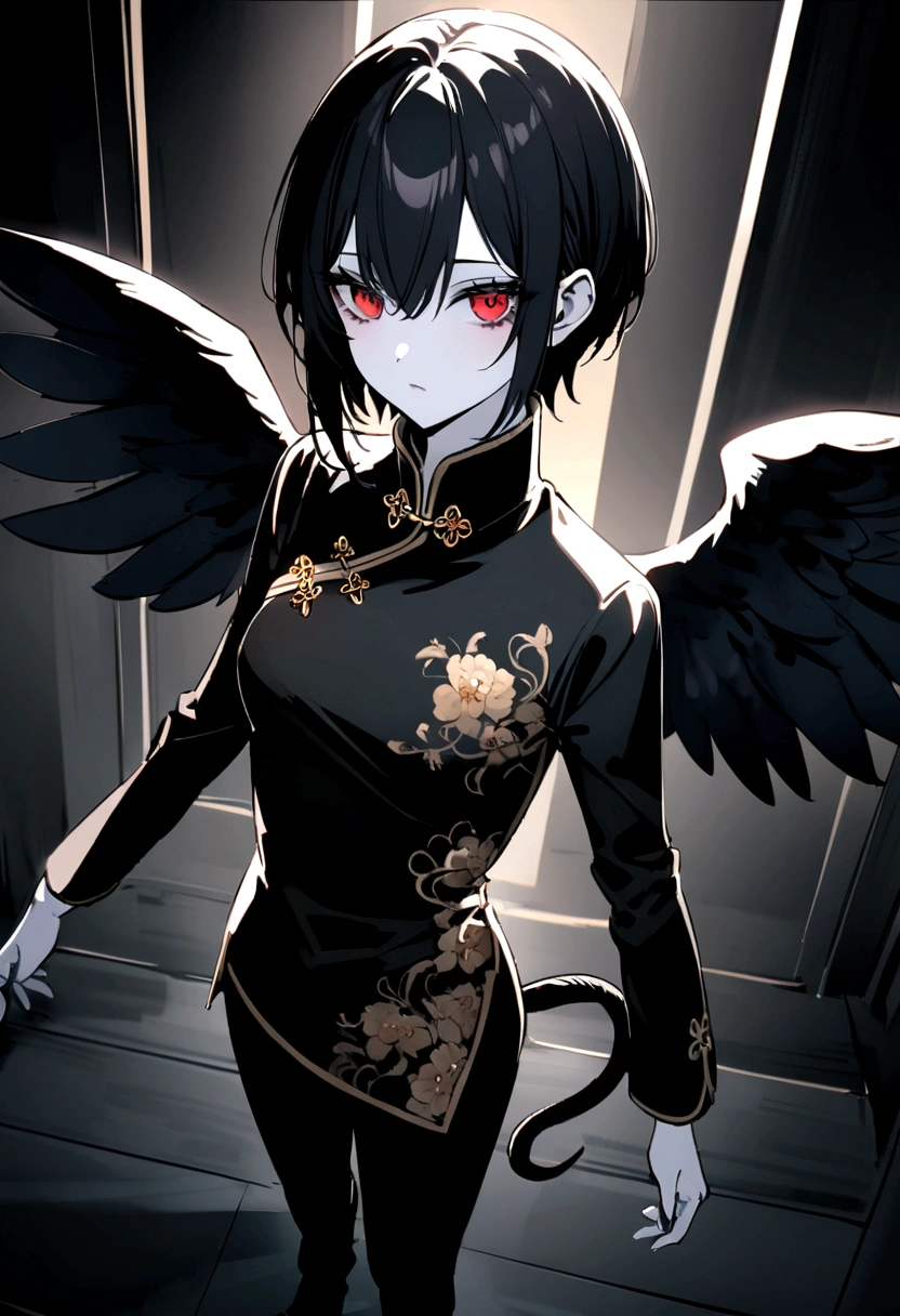 Black clothes,Demon Girl,White skin,Big bird wings,Black Hair,Red eyes,Short Hair,Two black horns growing from above the eyes,Black Scales,(Black thin tail),(Depict the whole body),(Black trousers),Chinese clothing for men, Chinese shirt, round cut, stand-up collar, Chinese buttons, Chinese clothing, Chinese clothing,Small