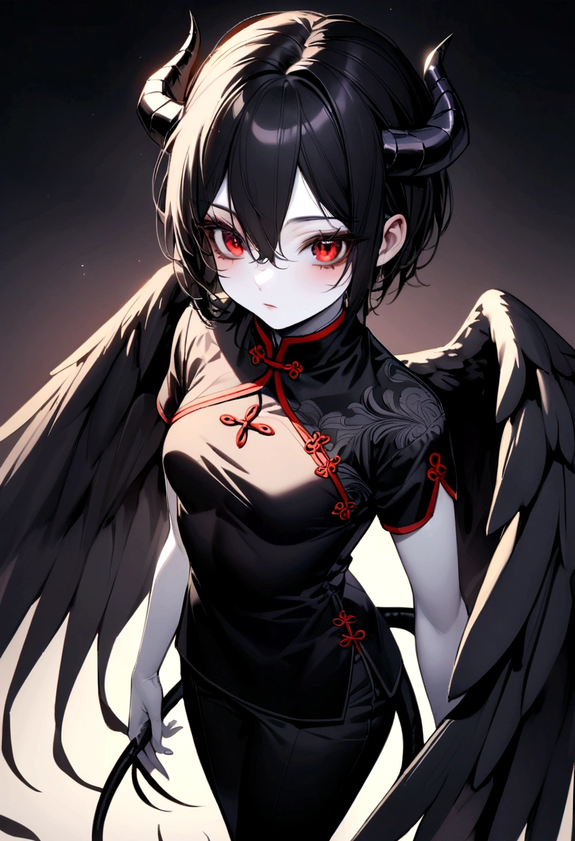Black clothes,Demon Girl,White skin,Big bird wings,Black Hair,Red eyes,Short Hair,Two black horns growing from above the eyes,Black Scales,(Black thin tail),(Depict the whole body),(Black trousers),Chinese clothing for men, Chinese shirt, round cut, stand-up collar, Chinese buttons, Chinese clothing, Chinese clothing,Small breasts