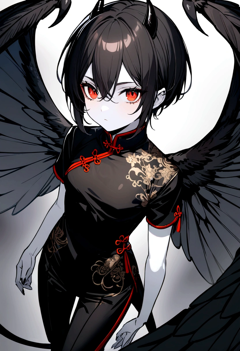 Black clothes,Demon Girl,White skin,Big bird wings,Black Hair,Red eyes,Short Hair,Two black horns growing from above the eyes,Black Scales,(Black thin tail),(Depict the whole body),(Black trousers),Chinese clothing for men, Chinese shirt, round cut, stand-up collar, Chinese buttons, Chinese clothing, Chinese clothing,Small breasts