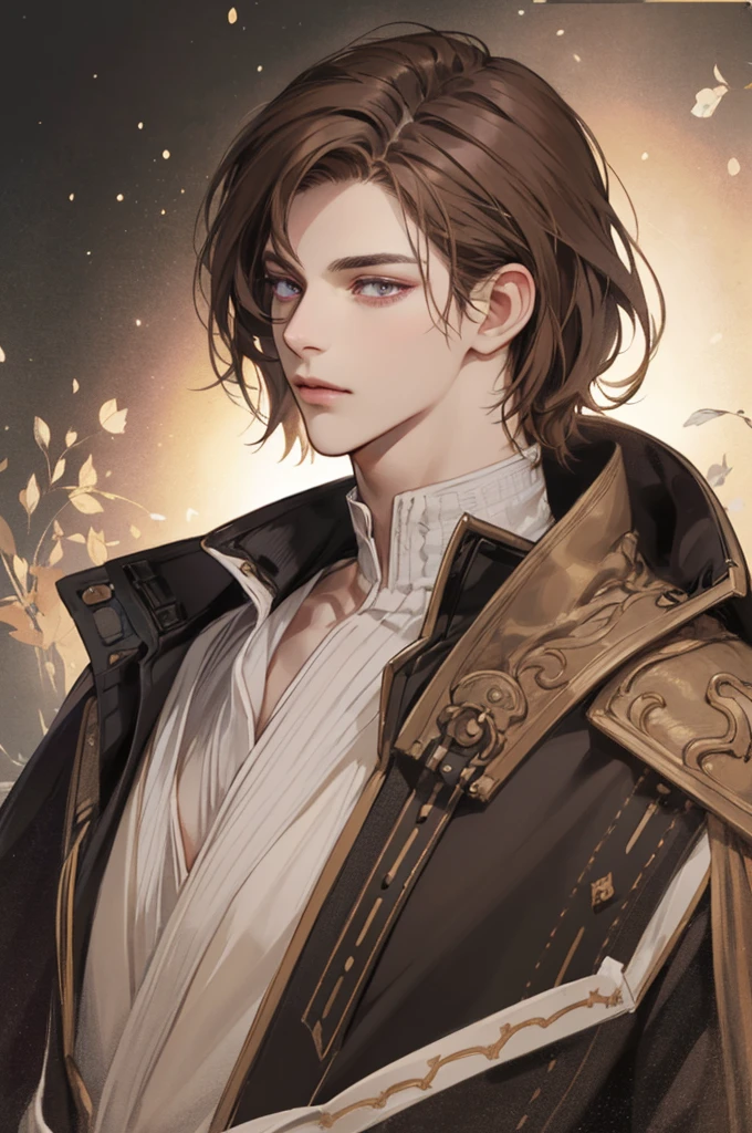 (Best quality) adult age 38 years old, 1 male mature, very tall, elegant, (very short dark light brown hair), purple eyes, perfect eyes, light brown hair, medieval fantasy style, richly textured background, soft lighting, portrait style, painting style, deep colors, half body, perfect, half body, big body