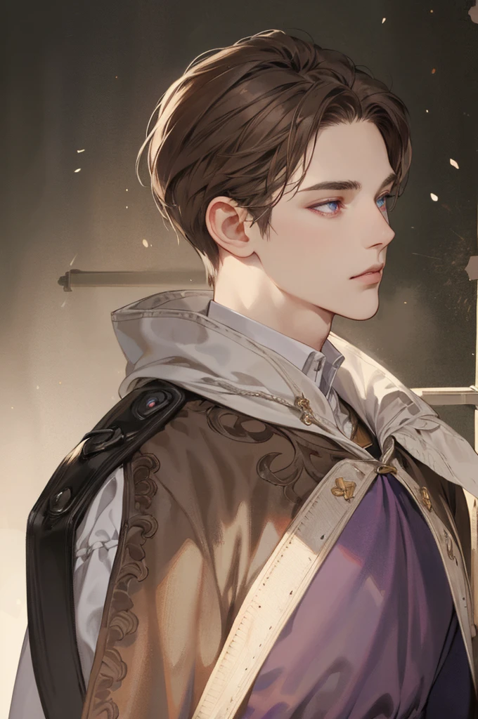 (Best quality) adult age 38 years old, 1 male mature, very tall, elegant, (very short dark light brown hair), purple eyes, perfect eyes, light brown hair, medieval fantasy style,  richly textured background, soft lighting, portrait style, painting style, deep colors, half body, perfect, half body, big body