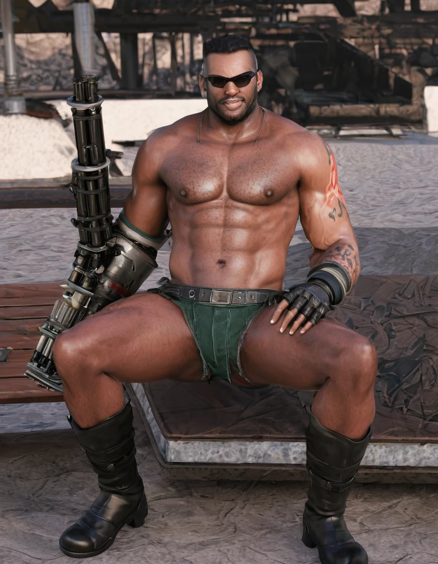 barret, dark skin male with gun arm and tattoo, sunglasses, shirtless , (sailor) , full body , black boots , laying