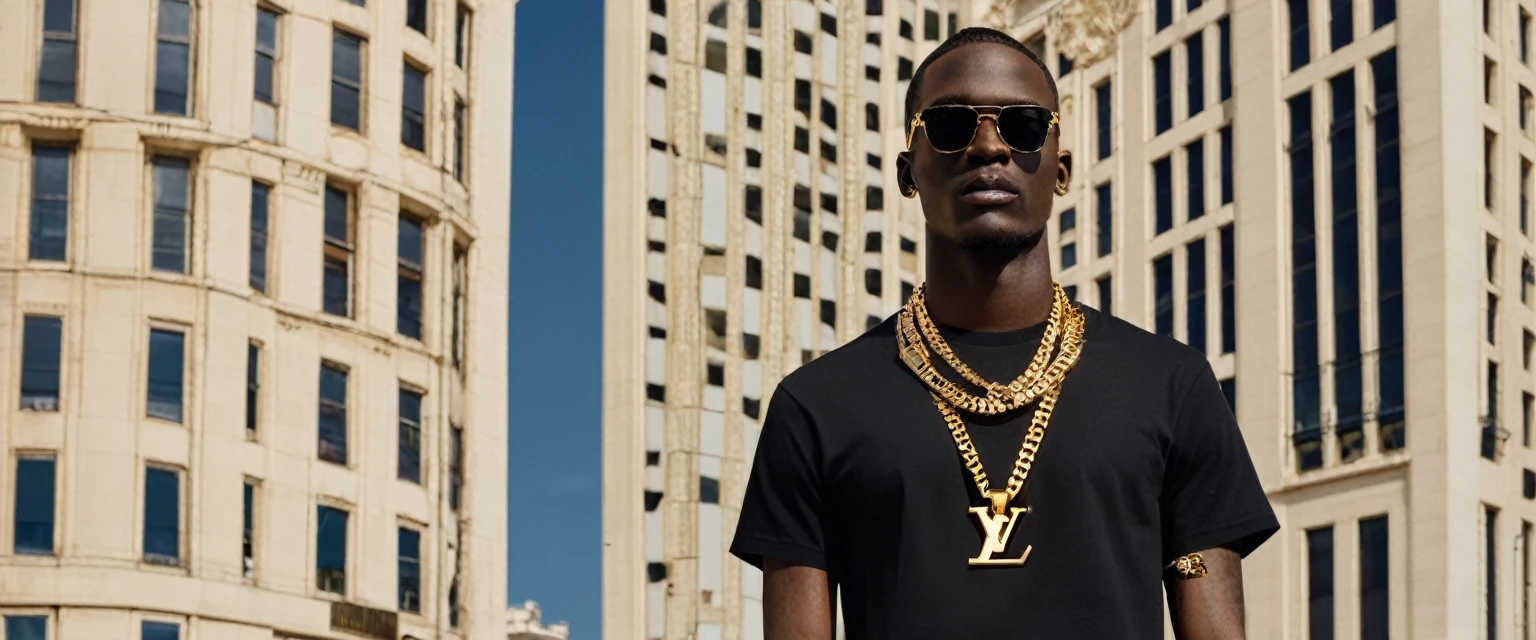 a man standing in front of a tall building with a chain around his neck, he is wearing a black tshirt, Portrait in medium plane, wearing a black tshirt, wearing a gold chain, wearing a black tshirt, official vuitton editorial, survive streetwear collection, wearing gold chain, wearing black tee, gold jewelry, official versace editorial, gold chains