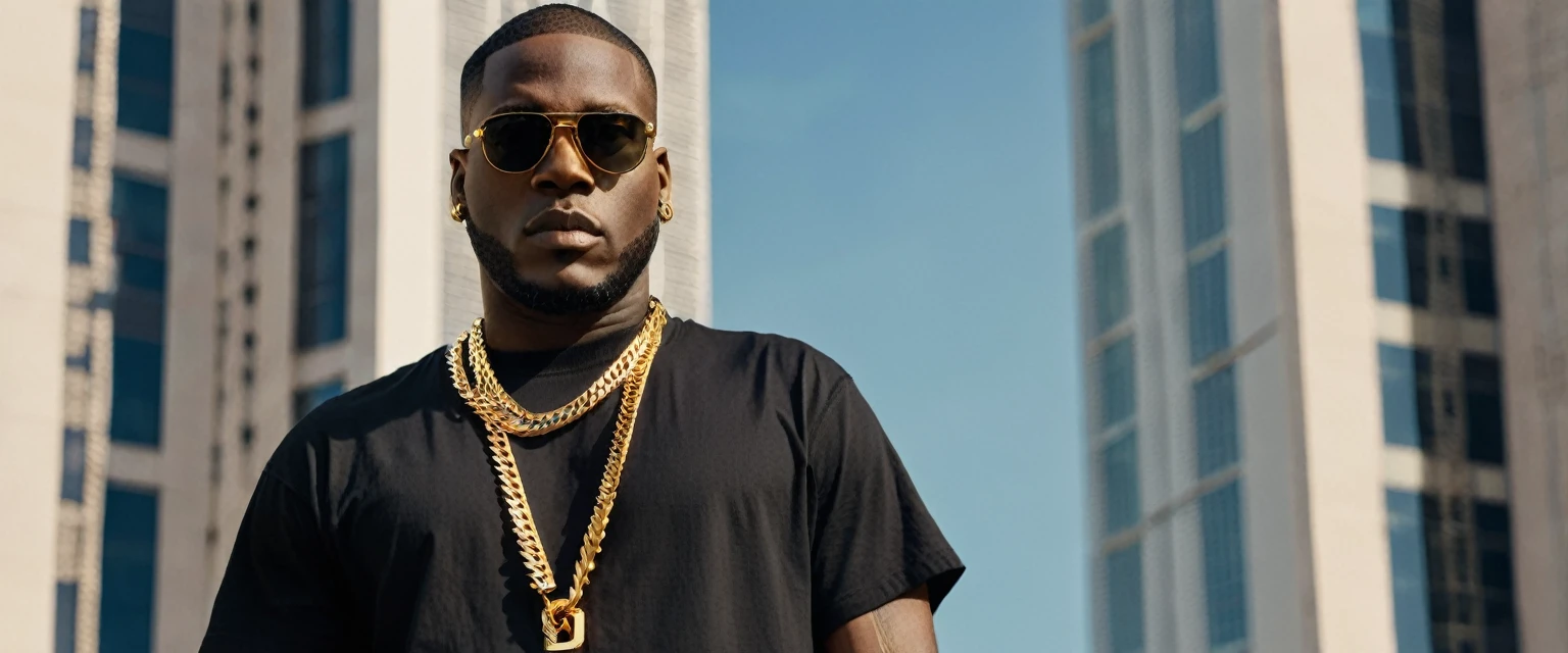 a man standing in front of a tall building with a chain around his neck, he is wearing a black tshirt, Portrait in medium plane, wearing a black tshirt, wearing a gold chain, wearing a black tshirt, official vuitton editorial, survive streetwear collection, wearing gold chain, wearing black tee, gold jewelry, official versace editorial, gold chains