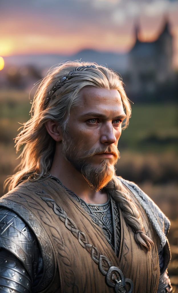 (masterpiece), (extremely intricate:1.3), (realistic), portrait of a viking man, (medieval clouthing), metal reflections, upper body, outdoors, intense sunlight, far away castle, professional photograph of a stunning woman detailed, sharp focus, dramatic, award winning, cinematic lighting, octane render unreal engine, volumetrics dtx, (film grain, blurry background, blurry foreground, bokeh, depth of field, sunset, motion blur:1.3), chainmail
