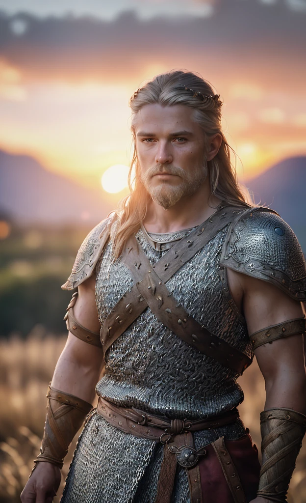 (masterpiece), (extremely intricate:1.3), (realistic), portrait of a viking man, (medieval clouthing), metal reflections, upper body, outdoors, intense sunlight, far away castle, professional photograph of a stunning woman detailed, sharp focus, dramatic, award winning, cinematic lighting, octane render unreal engine, volumetrics dtx, (film grain, blurry background, blurry foreground, bokeh, depth of field, sunset, motion blur:1.3), chainmail