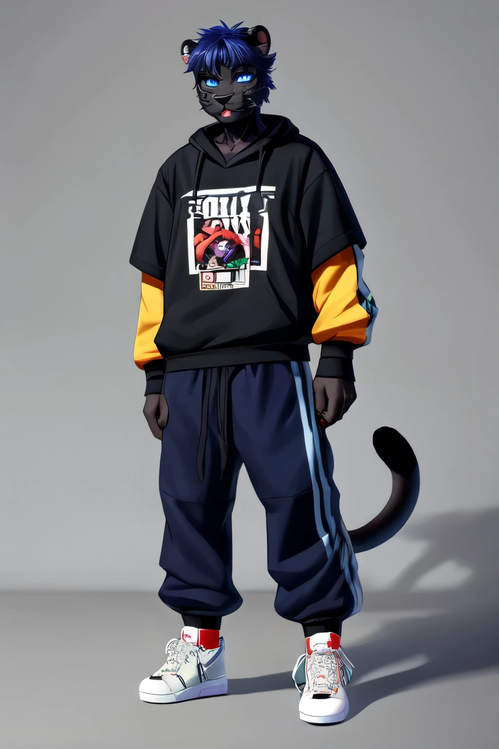 I'm lean 19 years furry panther boy, a litle short in height and with dark blue eyes. I'm wearing streetwear clothes.
Black fur, tail, ears