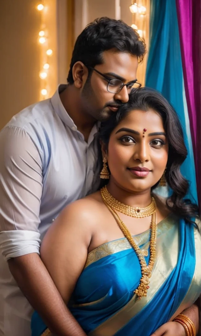 A radiant, full-figured plus sized South Indian 45 year old bride wearing a transparent blue colour silky saree standing hugging and kissing a 23 year old boy in a living room, , captured in a full-body image with vibrant hues and meticulous details. Full body image