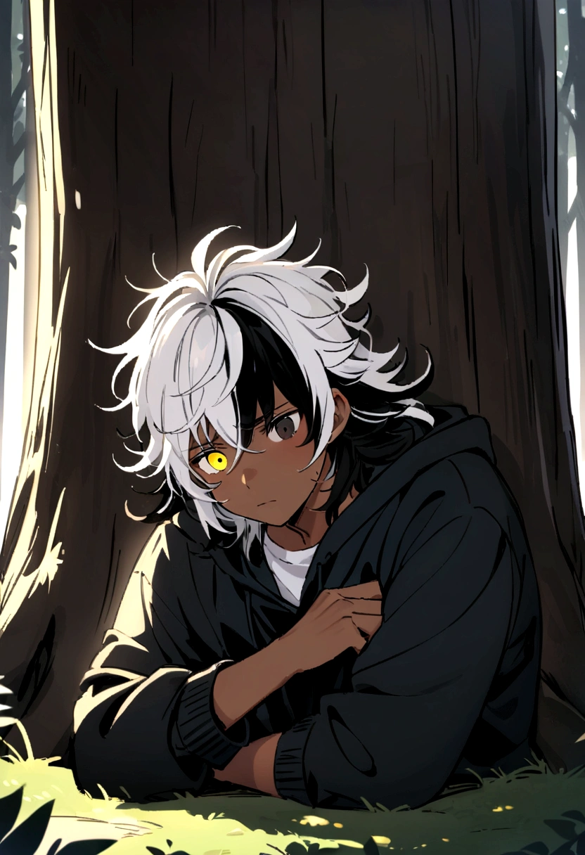 white  shirt, wearing a black hoodie , yellow and black eyes heterochromia , sad expression, Messy hair , Medium length hair , masculine , multicolored black and white hair , two tone hair , dark skin color, while leaning against a tree alone with a wolf by his side 