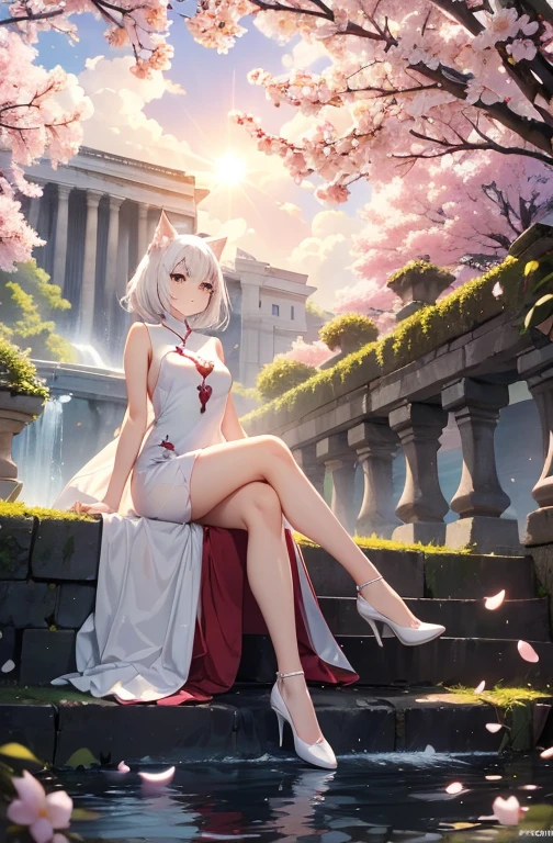 adult japanese catgirl, white cat tail, breathtaking cherry tree forest, falling cherry petal, ((white elegant sleeveless long cheongsam dress)), smooth and beautiful legs, ((brown eye color)), (medium short length hair flowing in the wind), ((white hair), ((white high heeled pumps shoes)), beautiful nature, Atlantis ruins, small water spring with small waterfall, ((high quality)), extremely detailed, (bokeh), dof, (hand on chest), large breasts, sitting in front of a cherry tree, elegant ancient stone structure, (crossed legs), side swept hair bangs, looking up into the far distance, realistic body anatomy,(solo), (white cat ears), evening golden sun backlight, (face markings), hair braid, bangs, gentle smile