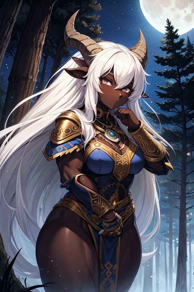 1 sheep woman, sheep's snout, shaman outfit, white hair, sheep horns, dark-skinned female,  furry_female, dark skin, sheep skin, fur sheep, anime art, muscular female, biceps, muscular thighs, pointed nails, messy hair, very long_hair, hair between eyes, white eyes, perfect eyes, shaman armor, furry, moonlight, fur_trim, monster_girl, original, (masterpiece), (illustration), (extremely fine and beautiful), perfect detailed, photorealistic, (beautiful and clear background:1.25), (depth of field:0.7), forest, moon

