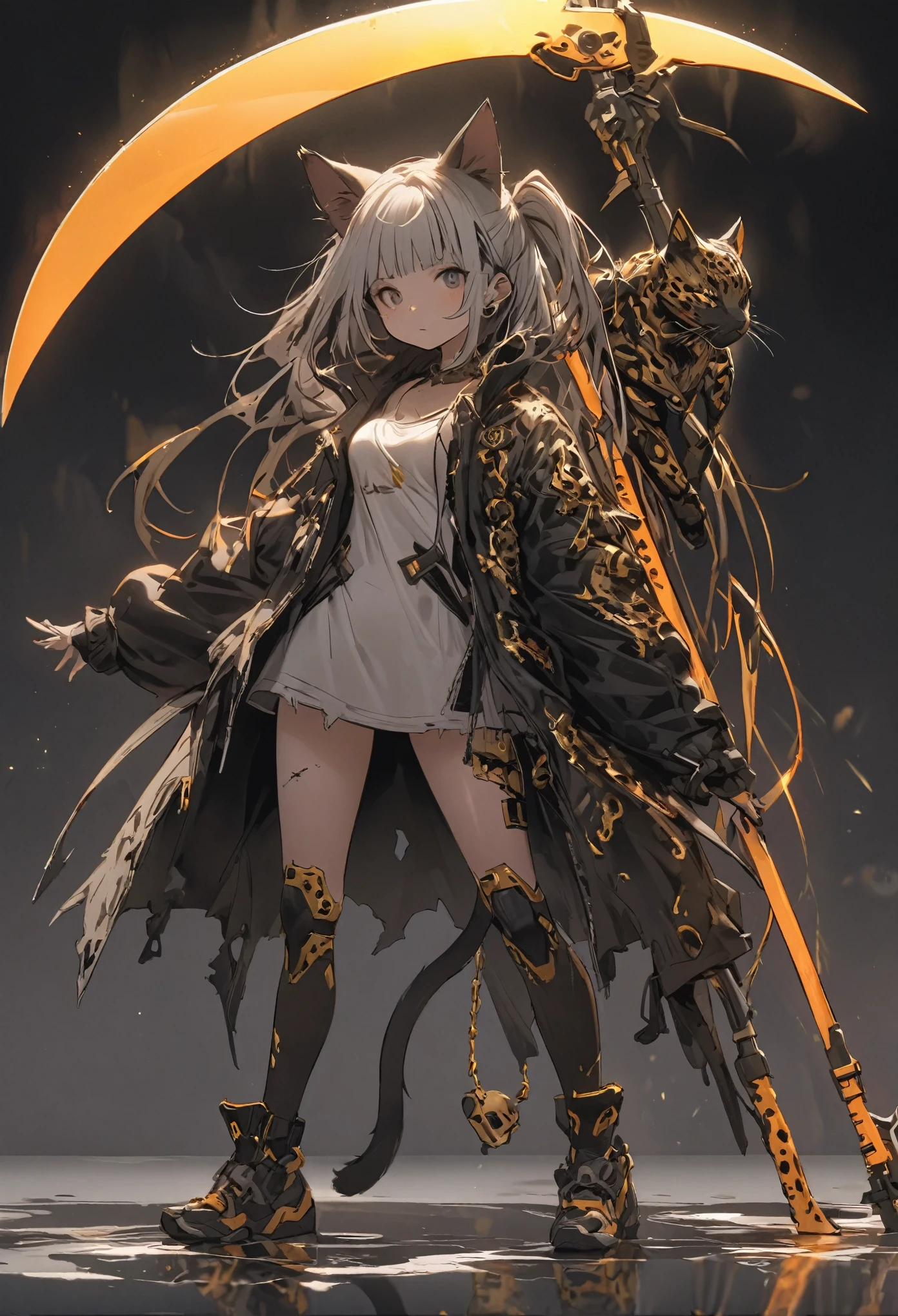 Detailed silhouette of a cyberpunk girl with cat ears and a tail, wearing a flowing, tattered coat, holding a gold huge scythe that includes a mechanical cheetah design, standing on a glossy, reflective surface with a minimalistic, soft gray background.