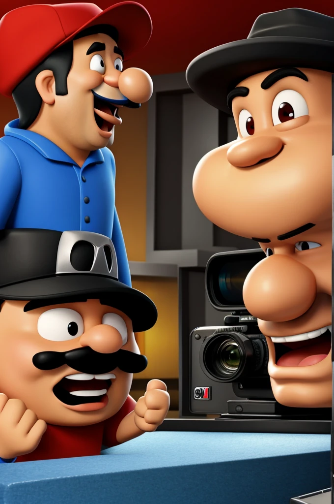 3D cartoon man with oversized mouth wearing hat interviewing another man with television camera 