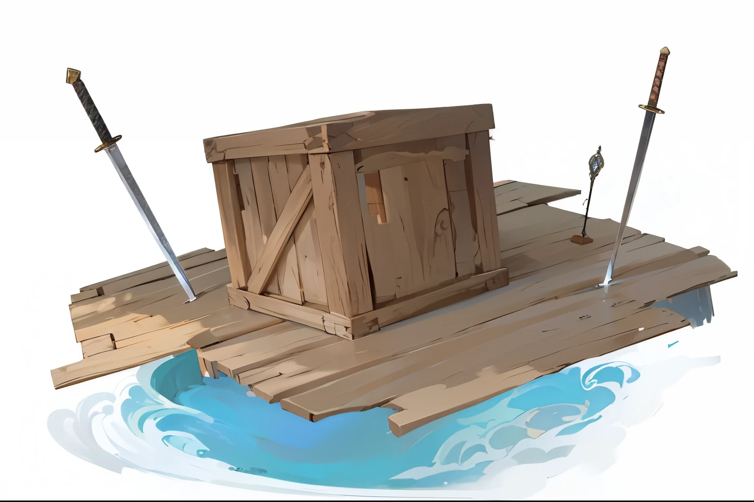high quality, ,Meticulous portrayal,Clear structure,Clear structure的,Precise construction,board,Wooden box,wave,Sword,deck,Broken wood
