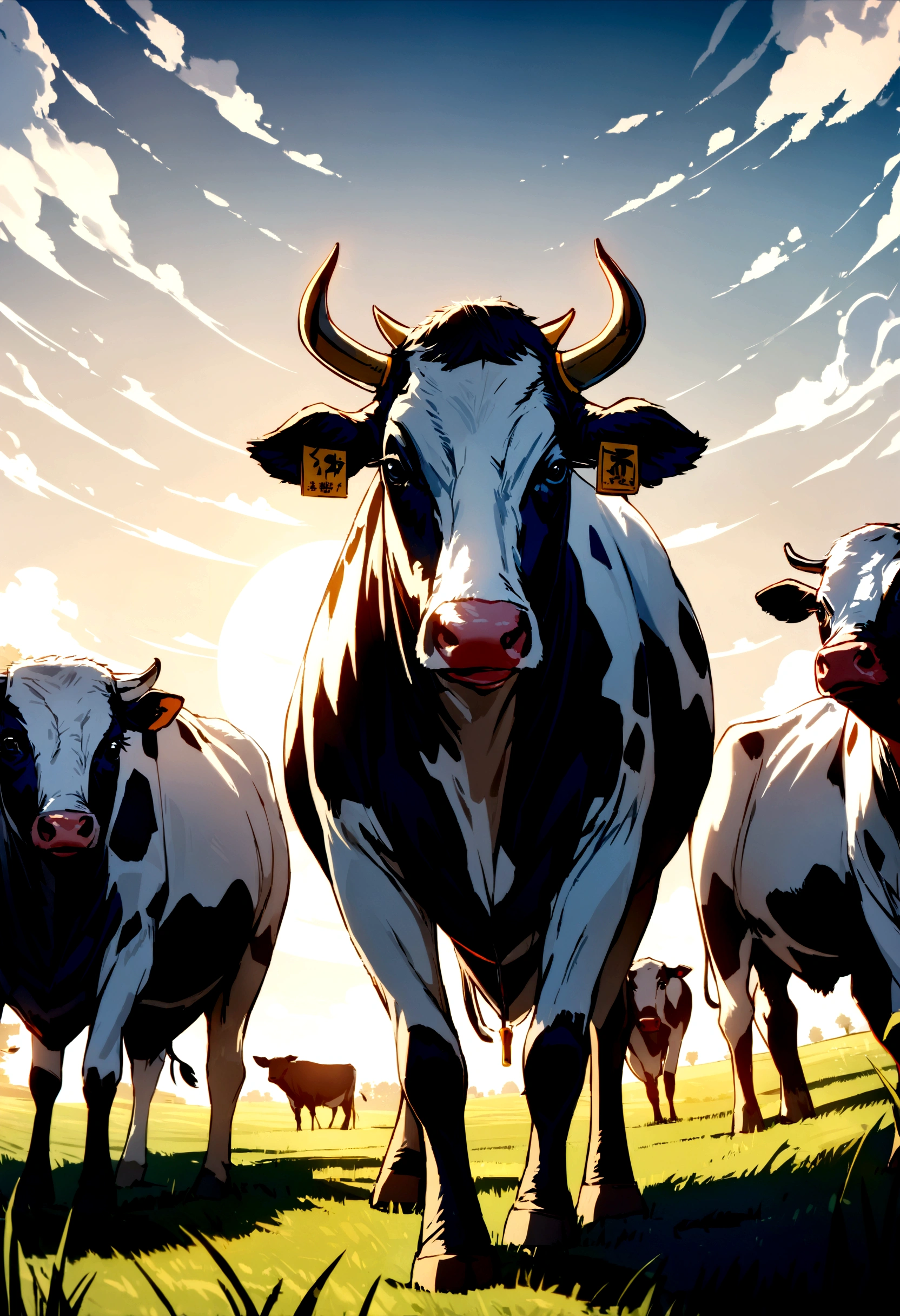 A bunch of cows in the middle of a field. Approaching perfection, Long take shot, Ultra detailed, smooth, 4K resolution, Animal. Niji-5