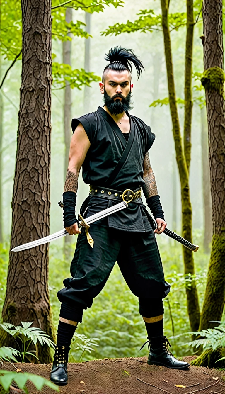 Generate an image of a guy dressed like a punk in the woods. The man had a thick black beard and black hair, decorated with a gold buckle. Its ears are large and pointed, similar to those of a fairy. He wore a serious expression and wore a black t-shirt. The person was wearing punk clothes, holding a long sword behind his back like a ninja. The background is a lush green forest with tall trees and dense foliage.