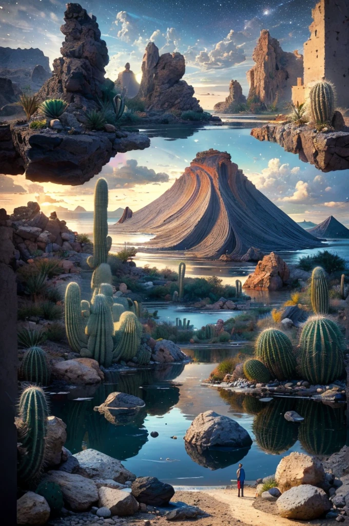 An illustration, collage style, David Hockney visual style, (((Luis Barragán's architectural style houses in middle of a lake))), big boulders, little cascade, mountains, volcanos, volcanic landscape, pool, stairs, beautiful gardens, abundant vegetation, cacti, agave, big clouds, sunset. Magazine cover, serif tipography, editorial design, masterpiece, An illustration in collage style, con rocas gigantes, Brutalist construction sections, escaleras, cactus, agave, textura de concreto, Multiple geometric shapes, hatch and cross hatching, planeta Saturno. ((masterpiece, best quality)),illustration,ultra detailed 8k. (((An illustration of a build designed by Luis Barragán))), with a desertic vegetation garden, (big rocks), ((cacti)), lake, volcano in horizon, smooth clouds, (((illustration collage format))), ((Escher's art style)), (((multiple sections))), (violet, blue, olive green, grey, black and white), hard shadows, (((geometric sculptures))), concrete sculptures, high contrast, dramatic, cinematographic, ((milky way galaxy)), intricate, intricate details, sharp focus,landscape