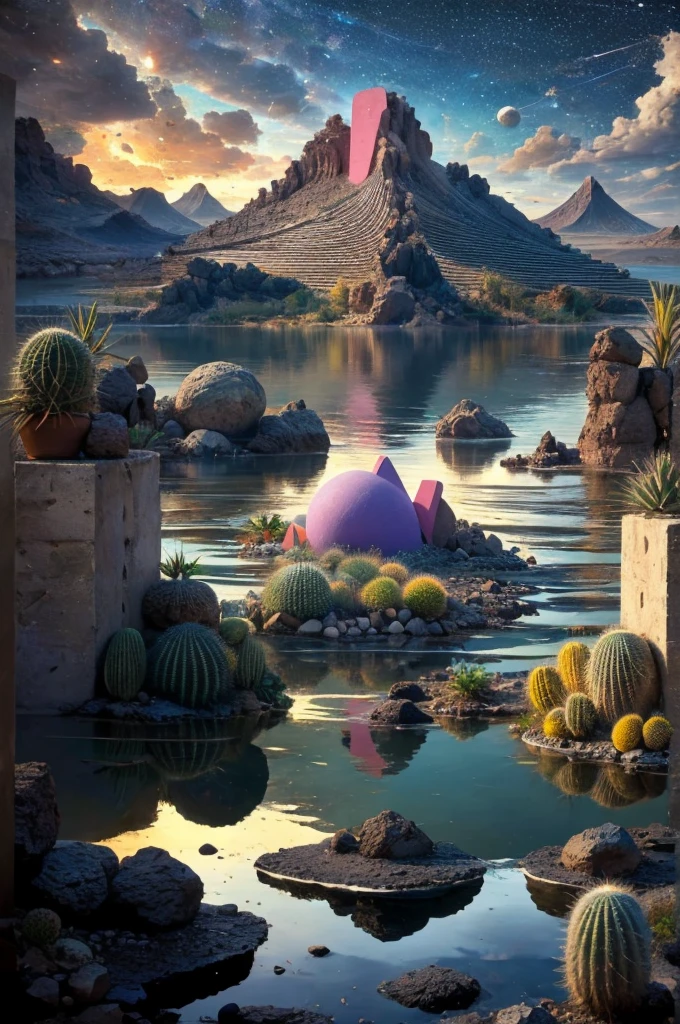 An illustration, collage style, David Hockney visual style, (((Luis Barragán's architectural style houses in middle of a lake))), big boulders, little cascade, mountains, volcanos, volcanic landscape, pool, stairs, beautiful gardens, abundant vegetation, cacti, agave, big clouds, sunset. Magazine cover, serif tipography, editorial design, masterpiece, An illustration in collage style, con rocas gigantes, Brutalist construction sections, escaleras, cactus, agave, textura de concreto, Multiple geometric shapes, hatch and cross hatching, planeta Saturno. ((masterpiece, best quality)),illustration,ultra detailed 8k. (((An illustration of a build designed by Luis Barragán))), with a desertic vegetation garden, (big rocks), ((cacti)), lake, volcano in horizon, smooth clouds, (((illustration collage format))), ((Escher's art style)), (((multiple sections))), (violet, blue, olive green, grey, black and white), hard shadows, (((geometric sculptures))), concrete sculptures, high contrast, dramatic, cinematographic, ((milky way galaxy)), intricate, intricate details, sharp focus,landscape
