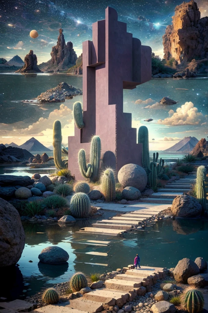 An illustration, collage style, David Hockney visual style, (((Luis Barragán's architectural style houses in middle of a lake))), big boulders, little cascade, mountains, volcanos, volcanic landscape, pool, stairs, beautiful gardens, abundant vegetation, cacti, agave, big clouds, sunset. Magazine cover, serif tipography, editorial design, masterpiece, An illustration in collage style, con rocas gigantes, Brutalist construction sections, escaleras, cactus, agave, textura de concreto, Multiple geometric shapes, hatch and cross hatching, planeta Saturno. ((masterpiece, best quality)),illustration,ultra detailed 8k. (((An illustration of a build designed by Luis Barragán))), with a desertic vegetation garden, (big rocks), ((cacti)), lake, volcano in horizon, smooth clouds, (((illustration collage format))), ((Escher's art style)), (((multiple sections))), (violet, blue, olive green, grey, black and white), hard shadows, (((geometric sculptures))), concrete sculptures, high contrast, dramatic, cinematographic, ((milky way galaxy)), intricate, intricate details, sharp focus,landscape