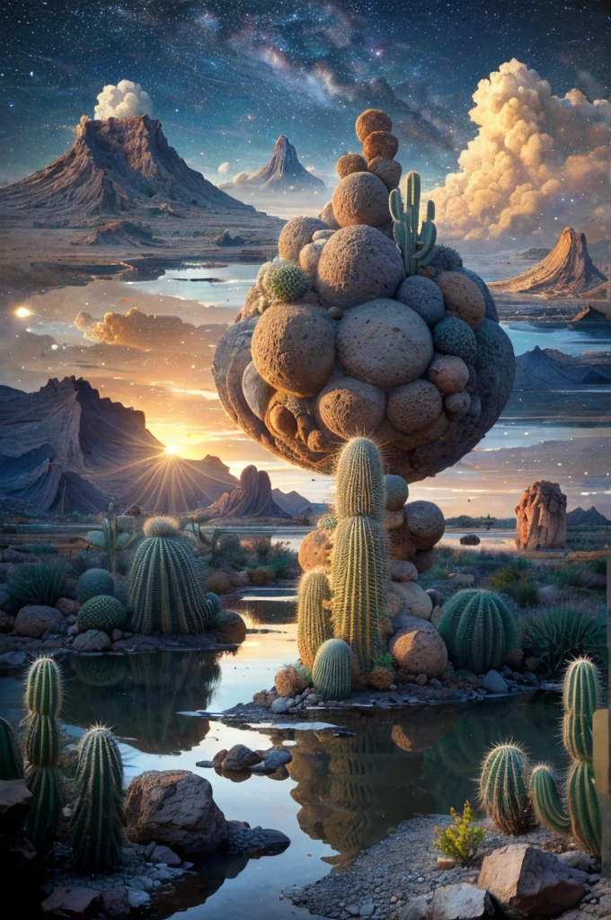 An illustration, collage style, David Hockney visual style, (((Luis Barragán's architectural style houses in middle of a lake))), big boulders, little cascade, mountains, volcanos, volcanic landscape, pool, stairs, beautiful gardens, abundant vegetation, cacti, agave, big clouds, sunset. Magazine cover, serif tipography, editorial design, masterpiece, An illustration in collage style, con rocas gigantes, Brutalist construction sections, escaleras, cactus, agave, textura de concreto, Multiple geometric shapes, hatch and cross hatching, planeta Saturno. ((masterpiece, best quality)),illustration,ultra detailed 8k. (((An illustration of a build designed by Luis Barragán))), with a desertic vegetation garden, (big rocks), ((cacti)), lake, volcano in horizon, smooth clouds, (((illustration collage format))), ((Escher's art style)), (((multiple sections))), (violet, blue, olive green, grey, black and white), hard shadows, (((geometric sculptures))), concrete sculptures, high contrast, dramatic, cinematographic, ((milky way galaxy)), intricate, intricate details, sharp focus,landscape