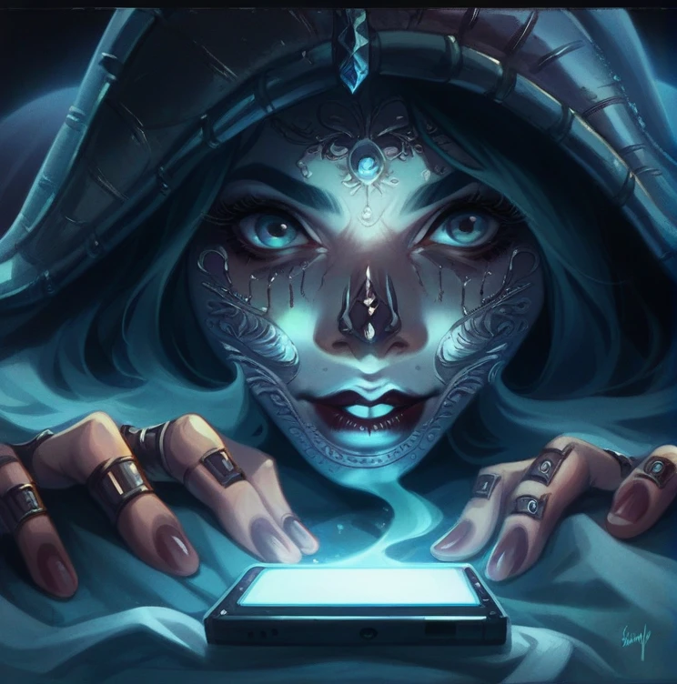 Sunny leone with dark red lips as genie of the smartphone 