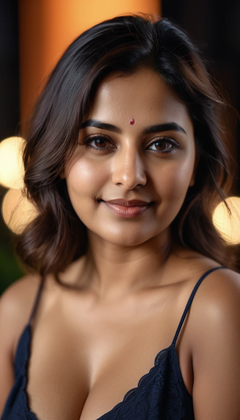 Night, RAW Photography, (((Very Beautiful Portrait))), (Very Beautiful Portrait))), Indian fatty woman ,  35Year Old Girl, (saggy  )), [Brown Eyes],Gentle Smile Staring at the Camera(), ((Masterpiece, Best Quality, Ultra Detail, Cinematic Lights, Intricate Detail, High Definition, 8k, Very Detailed)), Detail Background, 8k UHD, DSLR, soft lighting, high quality, film grain, fujifilm XT3, shallow depth of field, natural light, perfect face