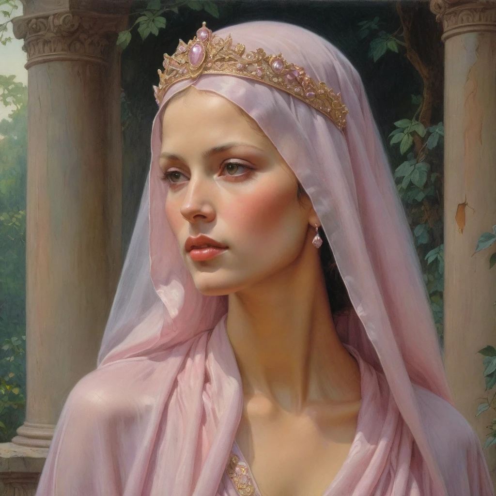 Masterpiece, (realistic), (propaganda poster), (((Moebius Jean Giraud))), (((profile portrait of a veiled and Roman woman, tiara, young, priestess, sensual, imposing, dignified, proud, arrogant, wearing silk pink and mauve robes with detailed moth, rose elements))), ((Corinthian columns, jungle background, moths))