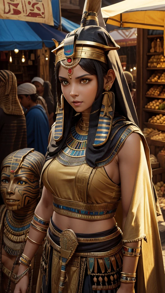 Created high-resolution images of two terrifying mummies in an ancient Egyptian marketplace. The first mummy wore a pharaoh's helmet and had long, sharp teeth and glowing yellow eyes. The second mummy, wrapped in bandages, slightly behind the first mummy, also has bright yellow eyes and an aggressive appearance. Around them were ancient market stalls and people in traditional ancient Egyptian clothes looking scared and surprised. The background depicts a desert village setting with .