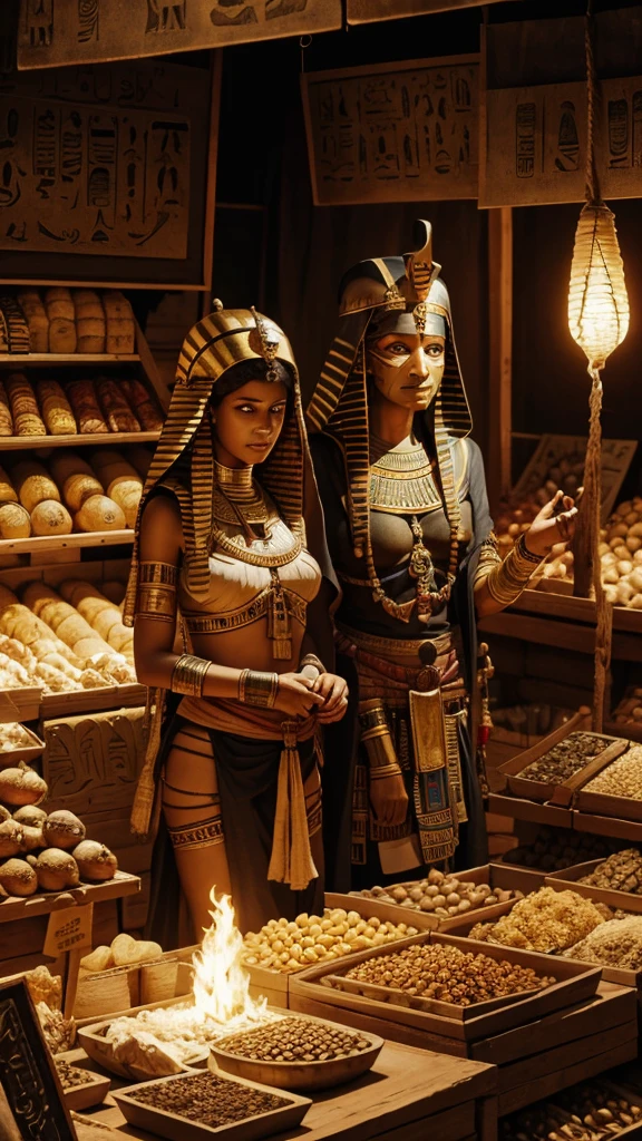 Created high-resolution images of two terrifying mummies in an ancient Egyptian marketplace. The first mummy wore a pharaoh's helmet and had long, sharp teeth and glowing yellow eyes. The second mummy, wrapped in bandages, slightly behind the first mummy, also has bright yellow eyes and an aggressive appearance. Around them were ancient market stalls and people in traditional ancient Egyptian clothes looking scared and surprised. The background depicts a desert village setting with .