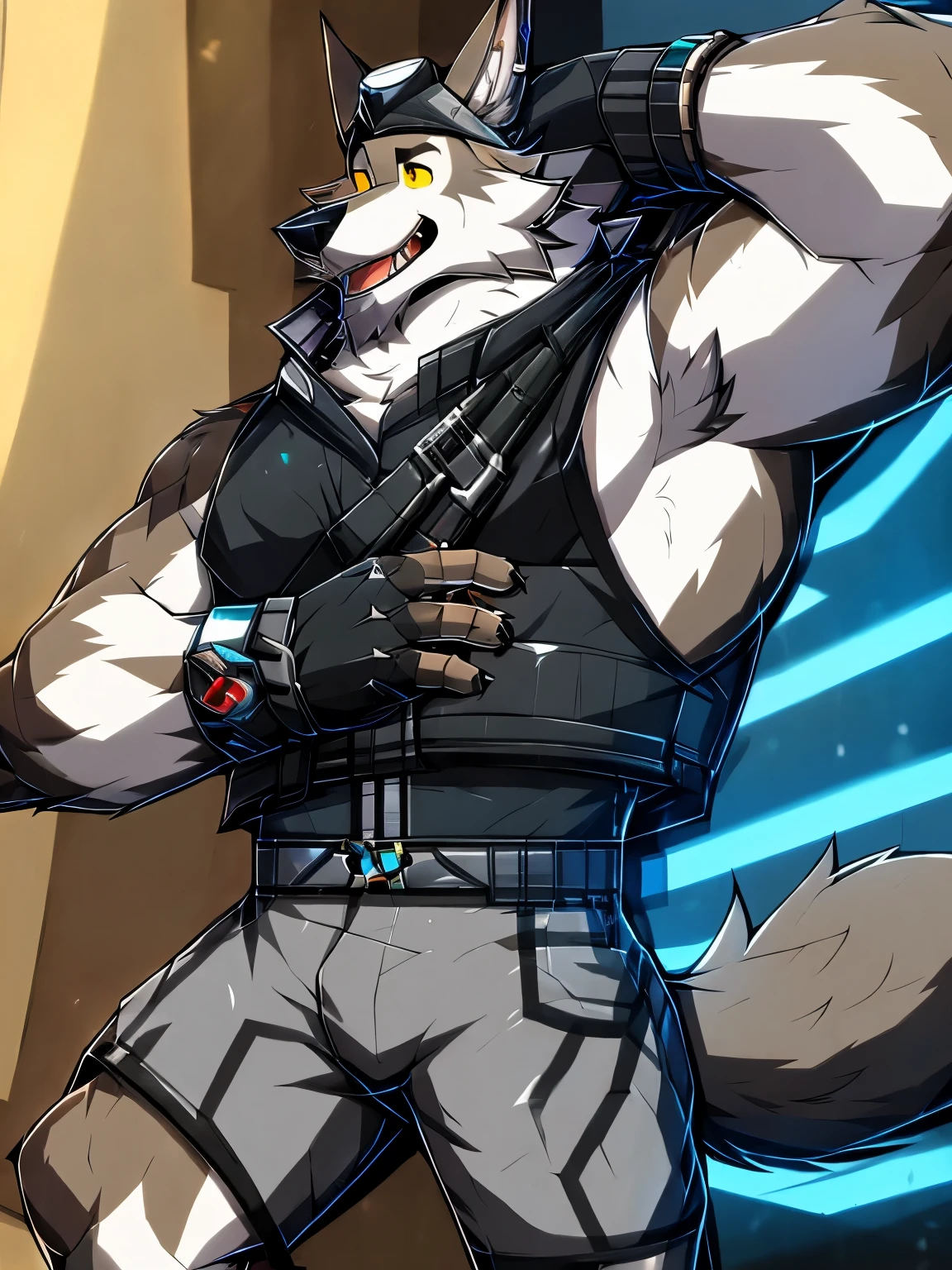 by Drks, Masterpiece, best quality, detailed, Male, wolf, brown wolf, Wendell, Fortnite, masculine, toned, Brown fur, yellow sclera, goggles, smiling, sleeveless leather vest, raised arm, showing armpit, hairy armpit, gloves, shorts, teeth, black fingerless gloves, bracelet, sweaty body