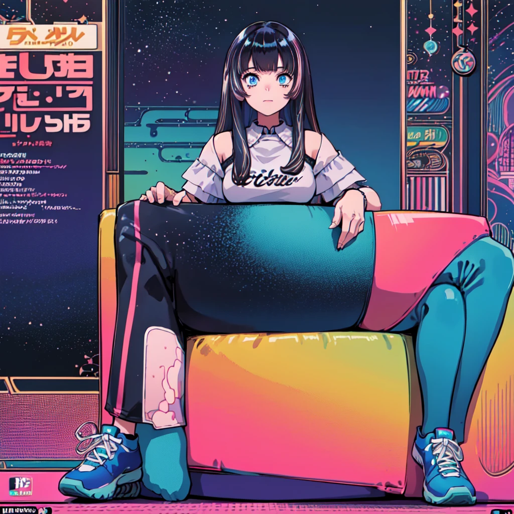 (masterpiece), Highest quality, Expressive eyes, Neon pastel aesthetics, Retro 90s, Neon color,((Girl sitting on sofa,In a cozy room,Records hanging on her wall, Comic books on the floor, Looking out the window behind her at the night city, Upholstered room, Anime figures lined up on a shelf)), Wearing headphones, (All around her it sparkles), (wearing thick colorful sneakers), (blue eyes), (Soft look), (Synthwave Art Style), Colorful Hair, Desk with PC set up