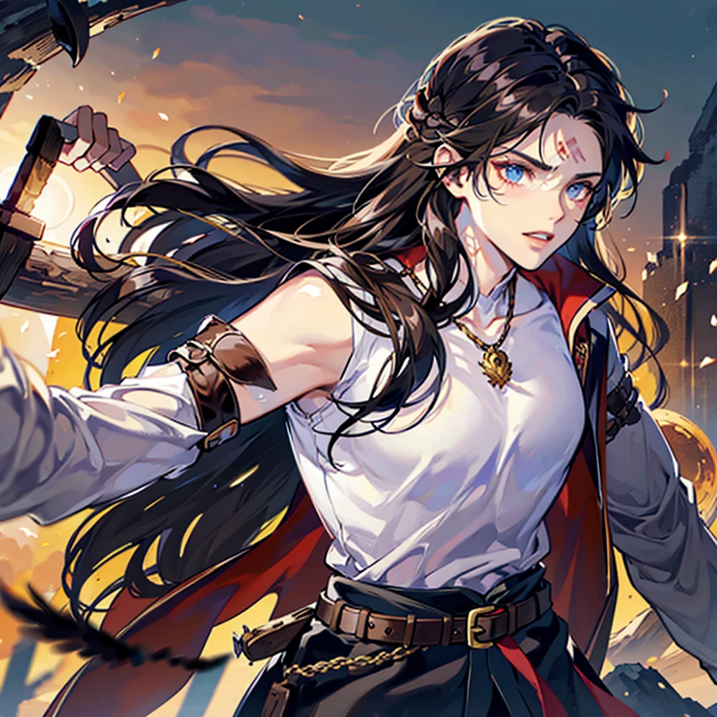 Barbarian with dark brown long hair, without armor and in the skin of a beast, with a bear amulet, two-handed sword, eye color - brown, dark skin, angular features symmetrical facial features