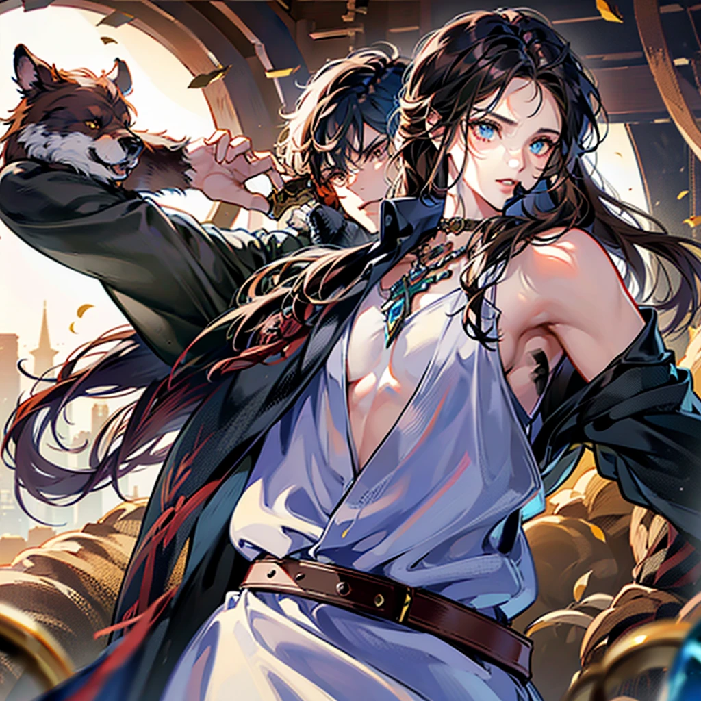 Barbarian with dark brown long hair, without armor and in the skin of a beast, with a bear amulet, two-handed sword, eye color - brown, dark skin, angular features symmetrical facial features
