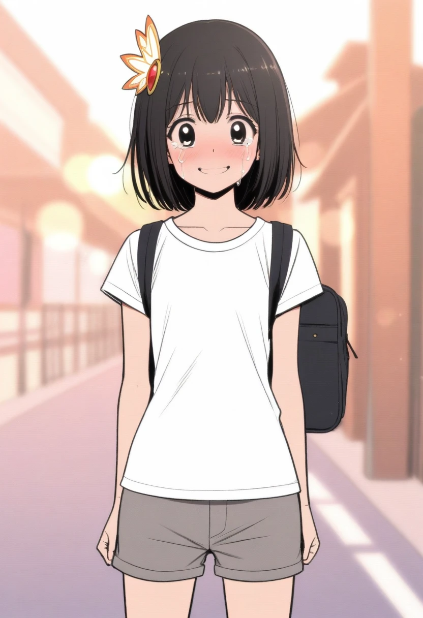 masterpiece, best quality, 1girl, yui_\(princess_connect!)\, mamerakkkkko, manga style, japanese, chi no wadachi, black eyes, street, iced, black hair, schoolbag, smile, lineart, white background, white shirt, grey shorts, centered, 18 years old, tall, fair skinned, bokeh background, crying, tears, straight-on, tears streaming