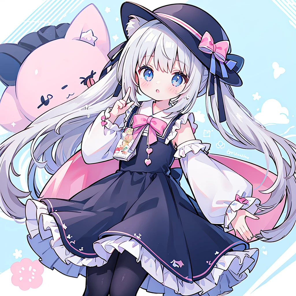 female、独奏, whole body, light blue eyes、mary jane shoes, pose for a photo.,long hair、twintail hair,shy,blush,Hot,masterpiece、Best image quality、top quality, wizard hat、long hair,fox ears,gray hair,(black pantyhose),blue eyes、exquisite eyes、Beautiful girl、Chubby cheeks、cute 드레스、puffy sleeves、Ruffled skirt、pink ribbon、cute、change, Magic Wand,