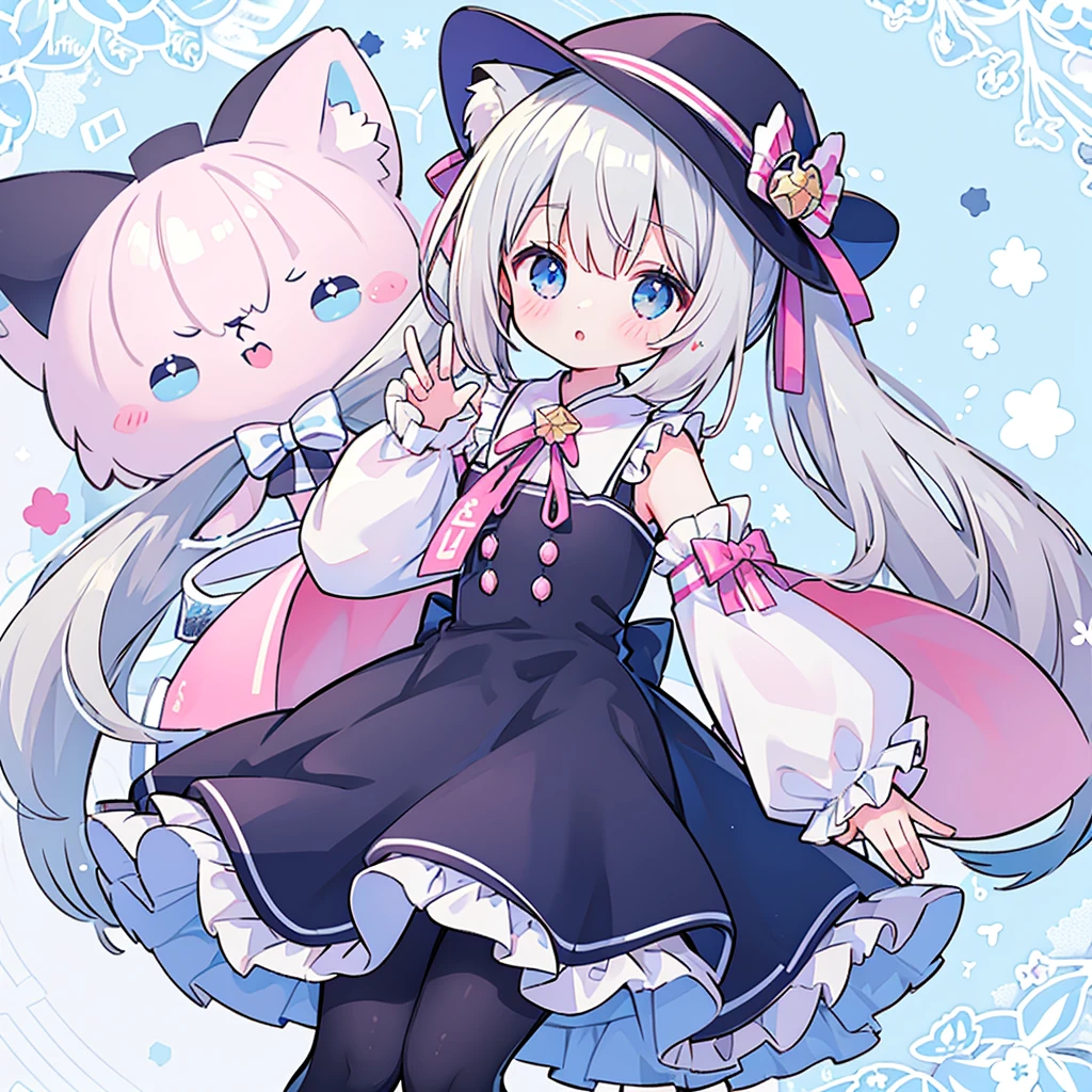female、独奏, whole body, light blue eyes、mary jane shoes, pose for a photo.,long hair、twintail hair,shy,blush,Hot,masterpiece、Best image quality、top quality, wizard hat、long hair,fox ears,gray hair,(black pantyhose),blue eyes、exquisite eyes、Beautiful girl、Chubby cheeks、cute 드레스、puffy sleeves、Ruffled skirt、pink ribbon、cute、change, Magic Wand,