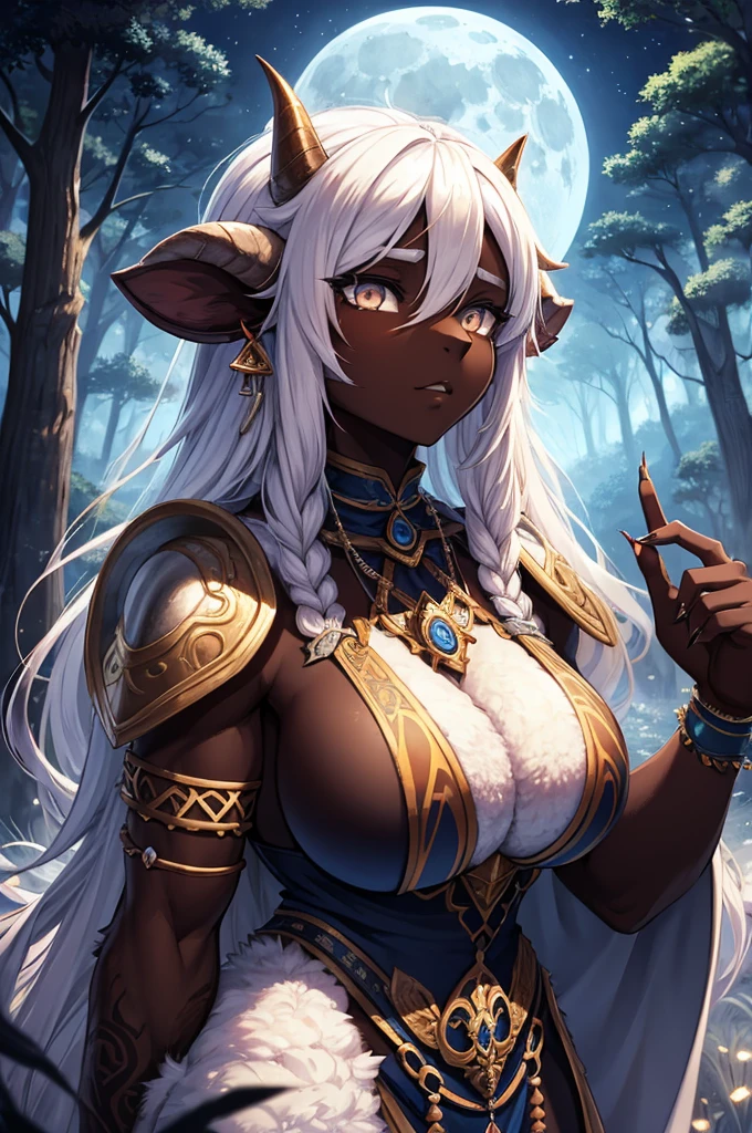 1 sheep woman, sheep's snout, shaman outfit, white hair, sheep horns, dark-skinned female,  furry_female, dark skin, sheep skin, fur sheep, anime art, muscular female, biceps, muscular thighs, pointed nails, messy hair, very long_hair, hair between eyes, white eyes, perfect eyes, shaman armor, furry, moonlight, fur_trim, monster_girl, original, (masterpiece), (illustration), (extremely fine and beautiful), perfect detailed, photorealistic, (beautiful and clear background:1.25), (depth of field:0.7), forest, moon
