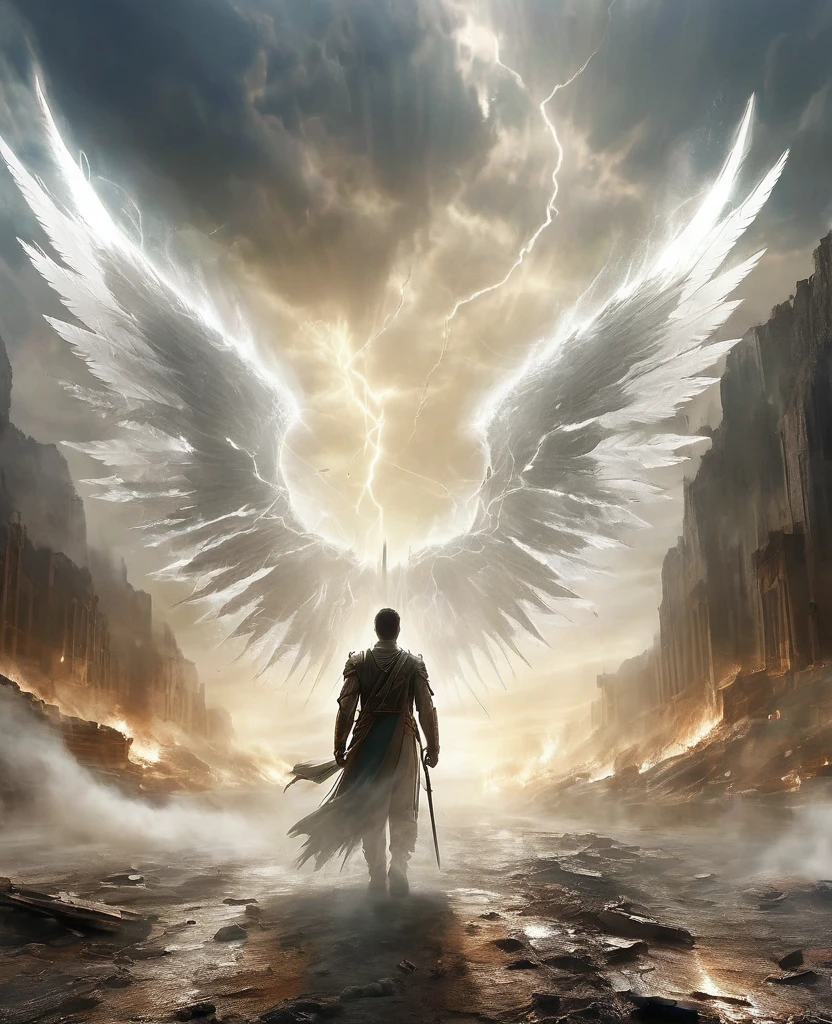 A valley covered in ashes and mist, lightning in the sky, with the remains of a battle covering the ground in the back of our sight. An angel drags his wings as he walks seeing allies and enemies along the way fighting and fallen.