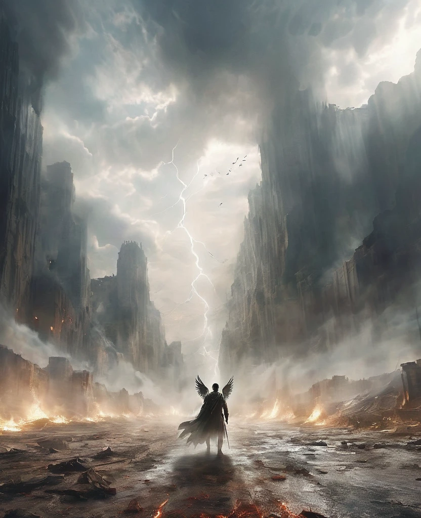 A valley covered in ashes and mist, lightning in the sky, with the remains of a battle covering the ground in the back of our sight. An angel drags his wings as he walks seeing allies and enemies along the way fighting and fallen.