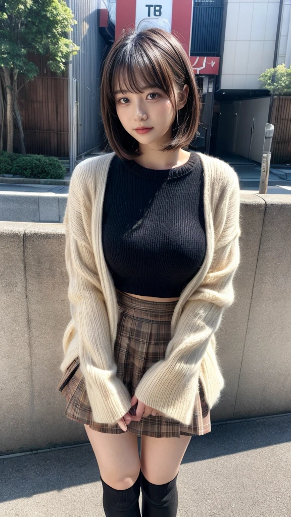 masterpiece, best quality, illustration, Super detailed, fine details, High resolution, 8K,wall paper, perfect dynamic composition,(Details High quality, realistic depiction of eyes:1.3), short hair, Gorgeous and stylish black fluffy latest trend Tokyo winter clothes, wool sweater, A-line skirt, short bob hair, black hair color, Big Natural Color Lip, sexy pose, crying a little、Harajuku style、20 year old girl、cute type、lolita, hposing Gravure Idol, full body photo、focus on crotch, huge breasts