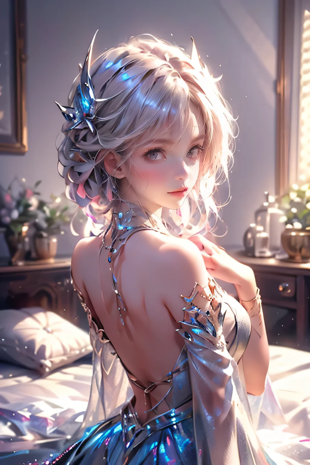 masterpiece:1.2, highest quality, 16k, highres, ultra-detailed, ultra-realistic, photo-realistic:1.37, devilishly cute charming girl, through bangs, beautiful detailed eyes, beautiful detailed lips, extremely detailed face, leaning back down bed, devilish gesture, charming eyes, longeyelashes, 1girl, digital art, pastel colors, soft lighting, cinematic, romantic, ethereal, elegant, stylish, fashionable, mischievous:1.2,