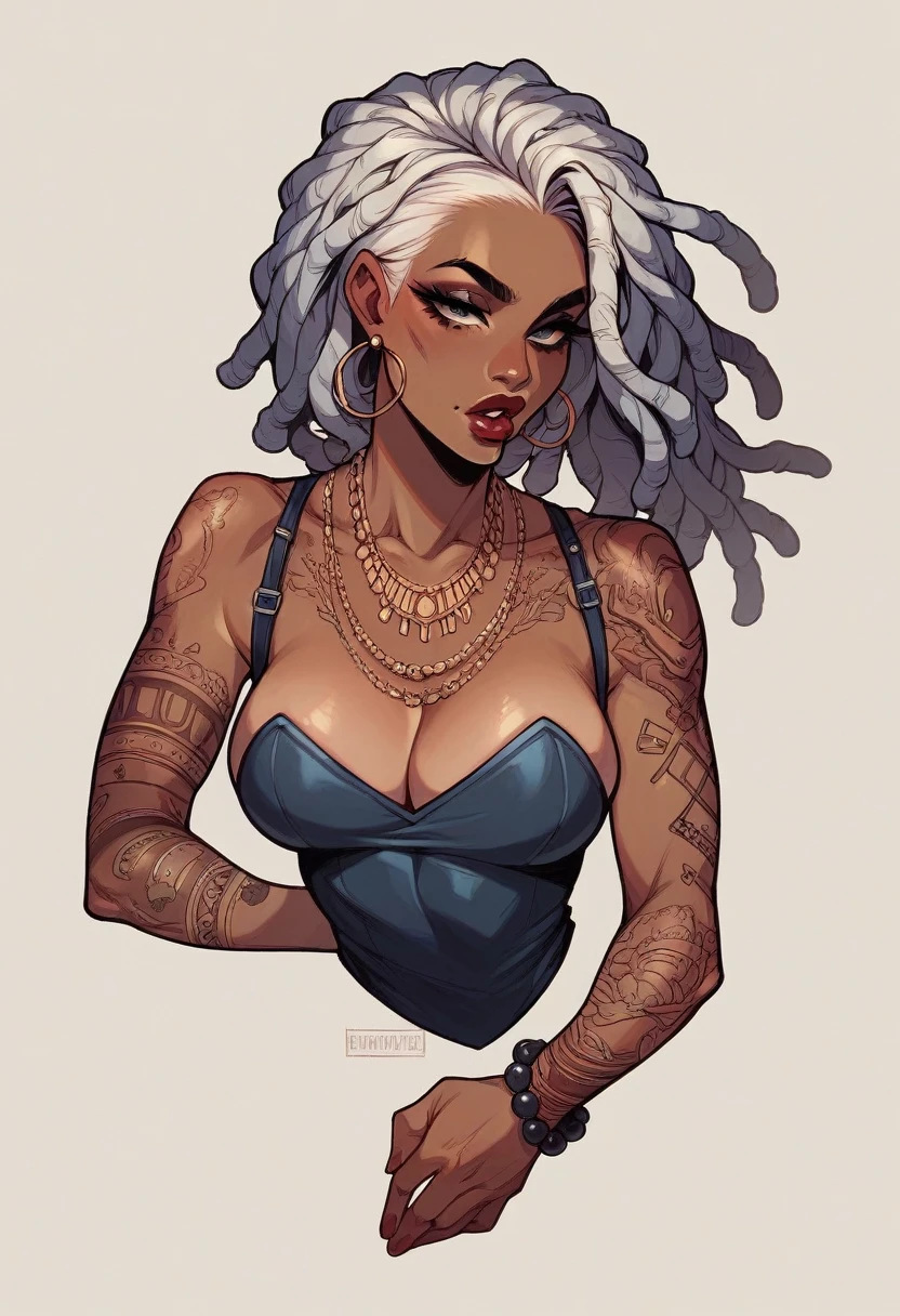 woman with white hair with 2 blue dreadlocks and moving beads, tattoos, septum and with matte red lip gloss, long eyelashes and juicy lips, make up shadows diving without clothes curvy body 
