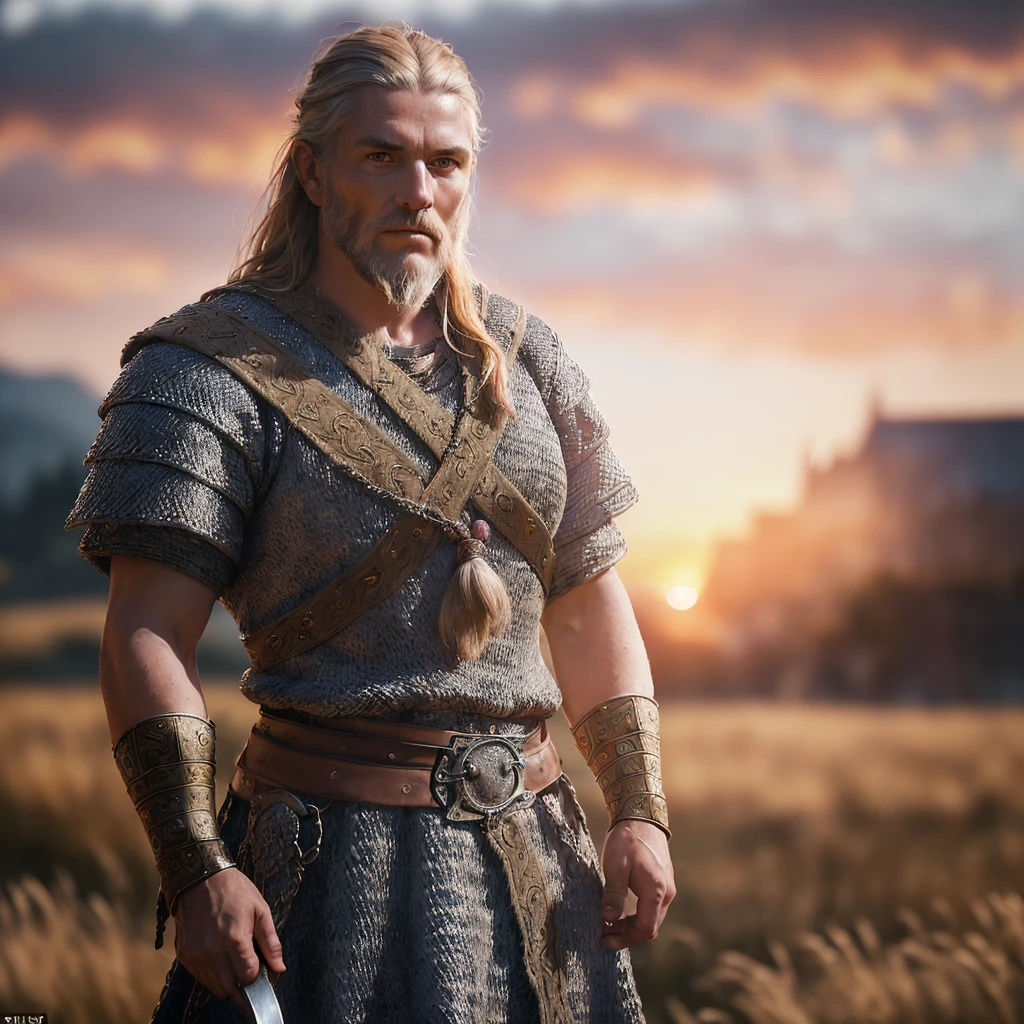 (masterpiece), (extremely intricate:1.3), (realistic), portrait of a viking man, (medieval clouthing), metal reflections, upper body, outdoors, intense sunlight, far away castle, professional photograph of a stunning woman detailed, sharp focus, dramatic, award winning, cinematic lighting, octane render unreal engine, volumetrics dtx, (film grain, blurry background, blurry foreground, bokeh, depth of field, sunset, motion blur:1.3), chainmail