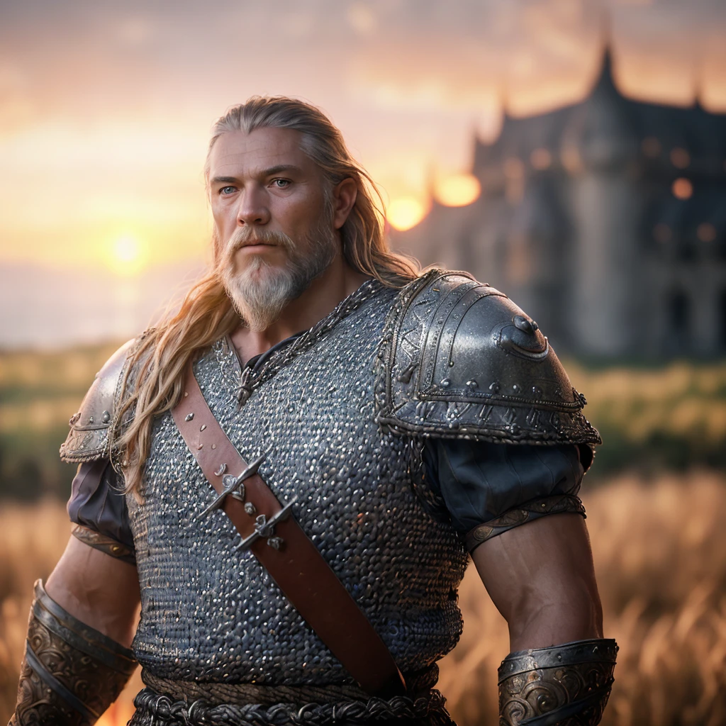 (masterpiece), (extremely intricate:1.3), (realistic), portrait of a viking man, (medieval clouthing), metal reflections, upper body, outdoors, intense sunlight, far away castle, professional photograph of a stunning woman detailed, sharp focus, dramatic, award winning, cinematic lighting, octane render  unreal engine,  volumetrics dtx, (film grain, blurry background, blurry foreground, bokeh, depth of field, sunset, motion blur:1.3), chainmail